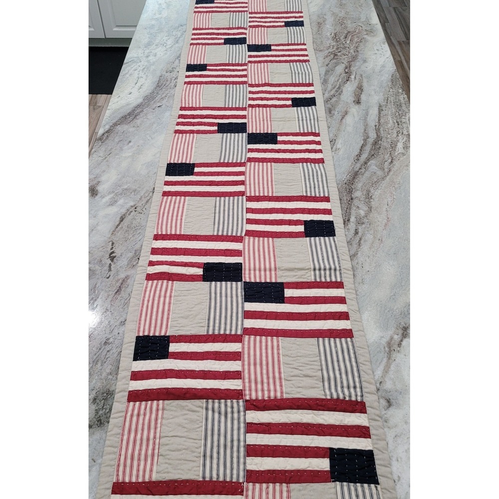 Pottery Barn Patchwork Flag Quilted Americana Reversible Table Runner 19x97 Read